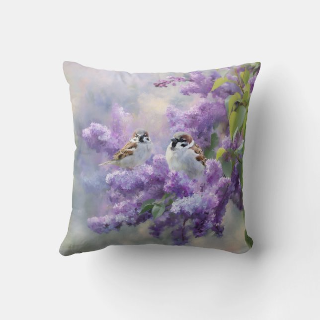 Cute Sparrows in Lilac Floral Throw Pillow (Back)