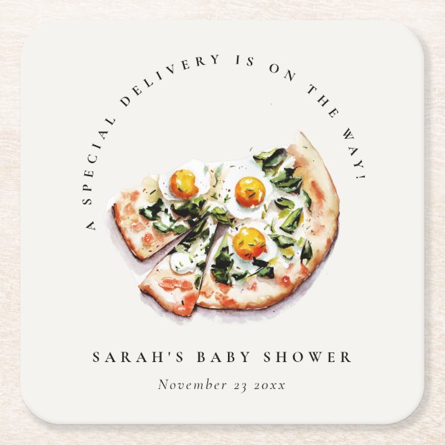 Cute Special Delivery Pizza Baby Shower Party Square Paper Coaster (Front)