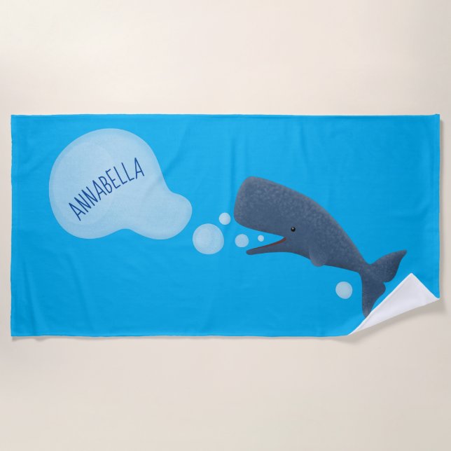 Cute sperm whale blowing bubbles cartoon beach towel (Front)