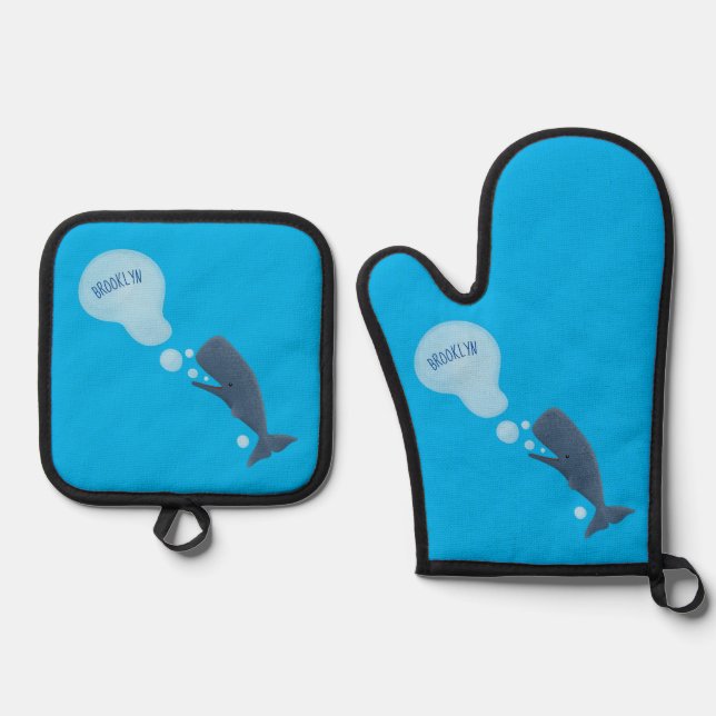 Cute sperm whale blowing bubbles cartoon oven mitt & pot holder set (Front)