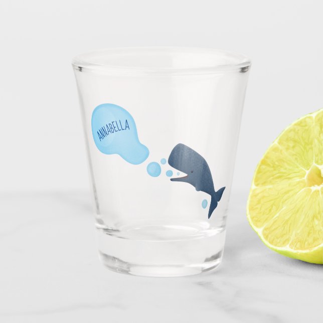 Cute sperm whale blowing bubbles cartoon  shot glass (Front)