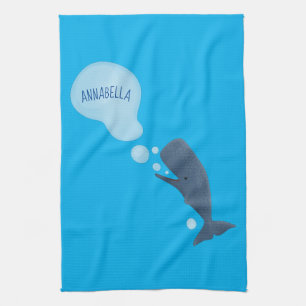 Cute sperm whale blowing bubbles cartoon tea towel