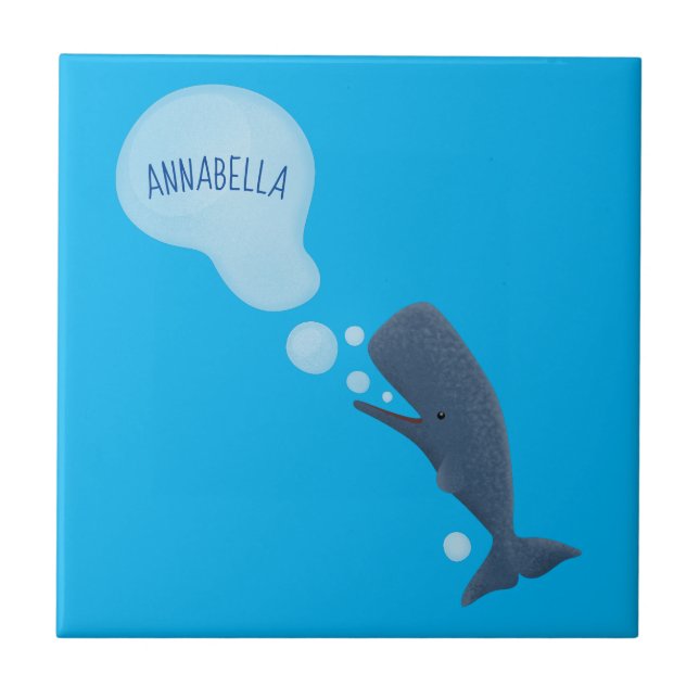 Cute sperm whale blowing bubbles cartoon tile (Front)