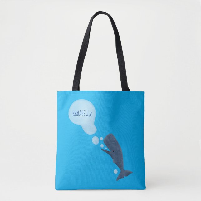 Cute sperm whale blowing bubbles cartoon tote bag (Front)