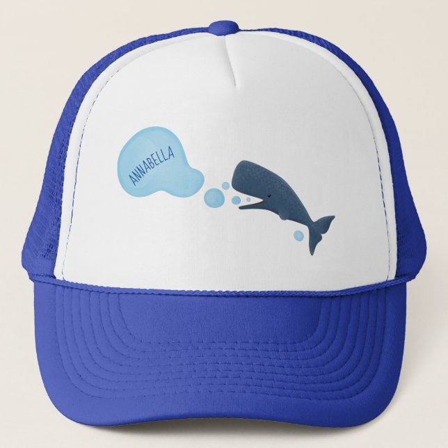 Cute sperm whale blowing bubbles cartoon trucker hat (Front)