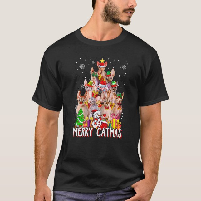 Cute Sphynx Cat Merry Catmas Christmas Tree Xmas L T-Shirt (Front)