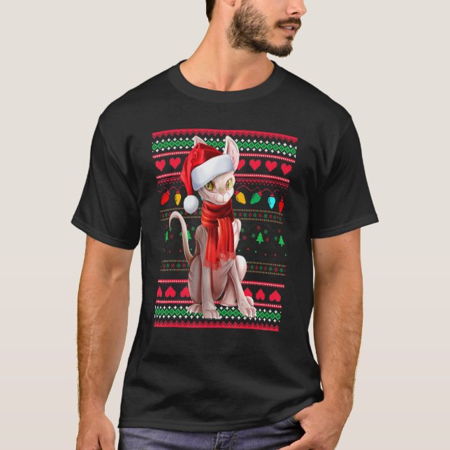 Cute Sphynx Cat Wearing Santa Hat Celebrate Christ T-Shirt (Front)