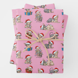 Cute Sphynx Cats Pink Retro Christmas Wrapping Paper Sheet