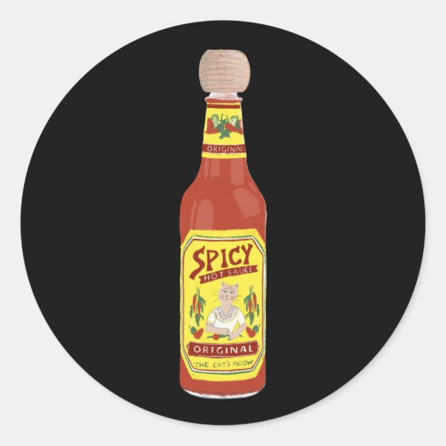 Cute Spicy Cats hot sauce illustration black Classic Round Sticker (Front)