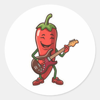 "Cute Spicy Chilli Pepper Playing Electric Guitar Classic Round Sticker