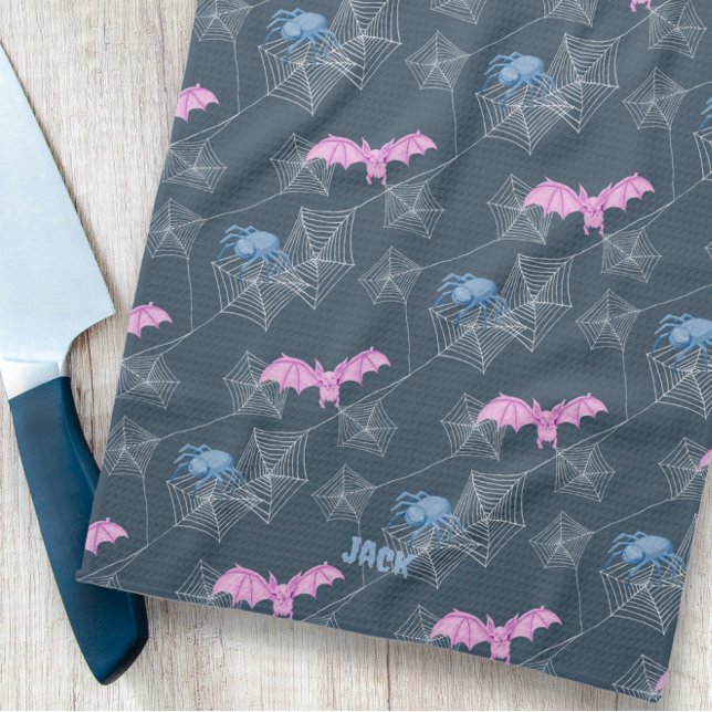 Cute spider and bat on spider web, customisable tea towel (Cute spider and bat on spider web, customisable kitchen towel)
