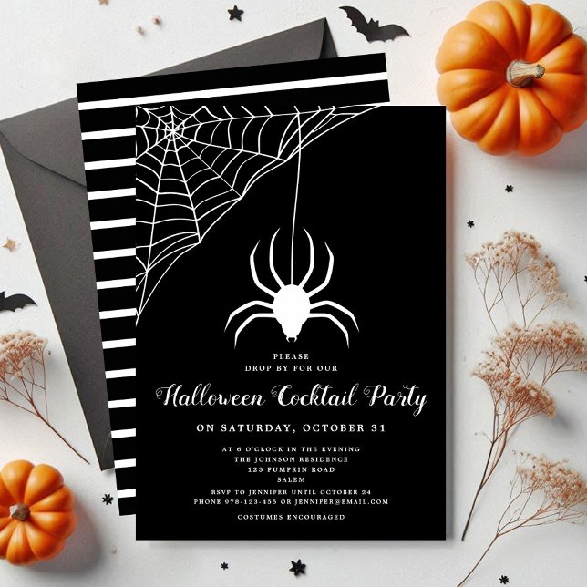 Cute Spider Black & White Halloween Cocktail Party Invitation (Cute Spider Black & White Halloween Cocktail Party Invitation)