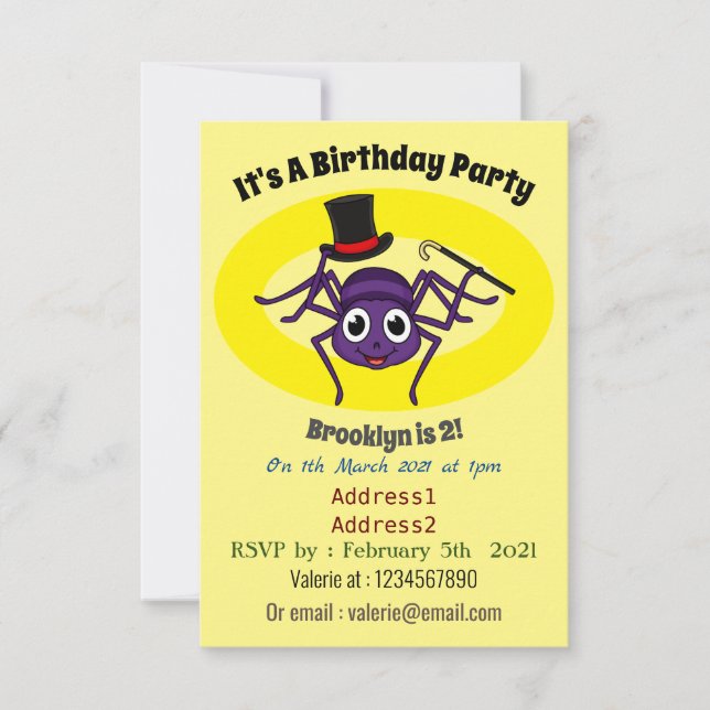 Cute spider in top hat cartoon invitation (Front)