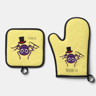 Cute spider in top hat cartoon oven mitt & pot holder set