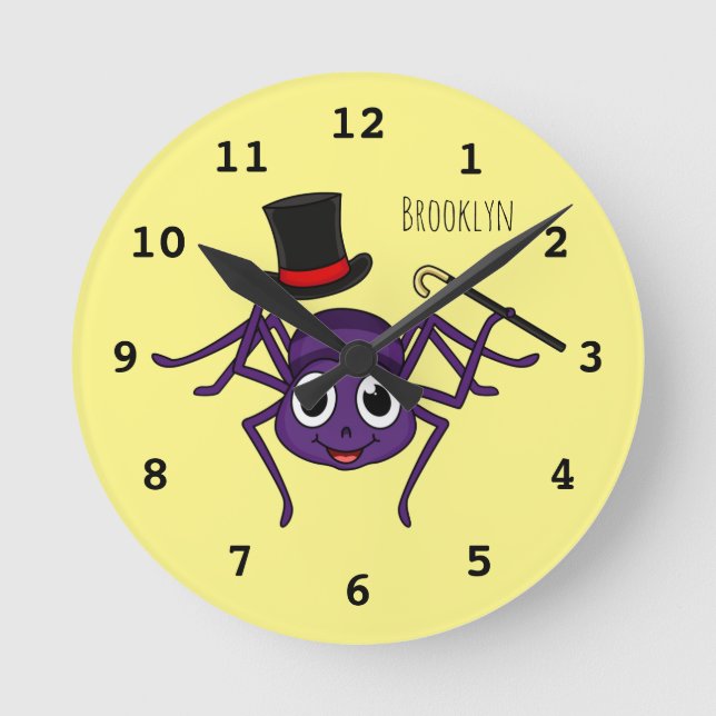 Cute spider in top hat cartoon round clock (Front)