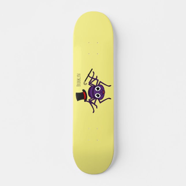 Cute spider in top hat cartoon skateboard (Front)