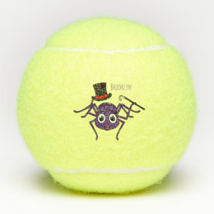 Cute spider in top hat cartoon tennis balls