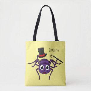Cute spider in top hat cartoon tote bag