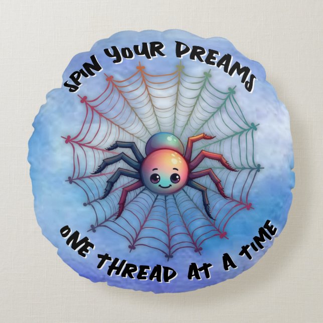 Cute Spider Inspirational Quote Monogram on blue | Round Cushion (Front)