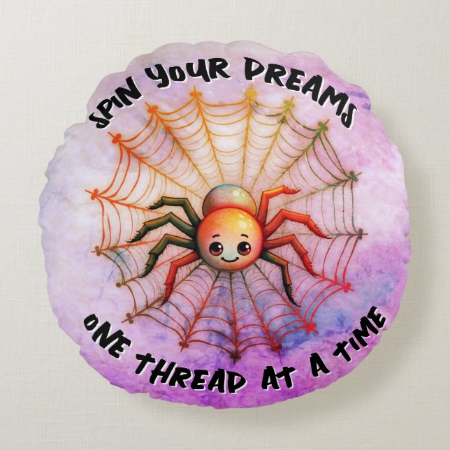 Cute Spider Inspirational Quote Monogram on pink | Round Cushion (Front)