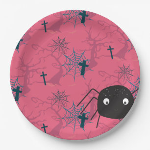 Cute spider & raspberry pink spider web patterned paper plate