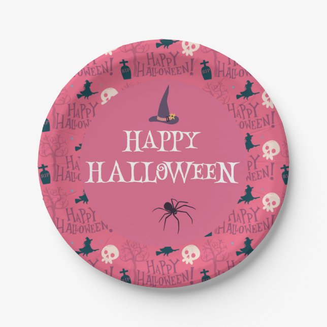 Cute spider & raspberry pink spider web patterned paper plate (Front)