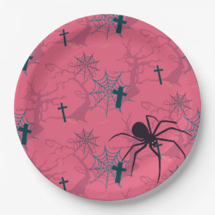 Cute spider & raspberry pink spider web patterned  paper plate