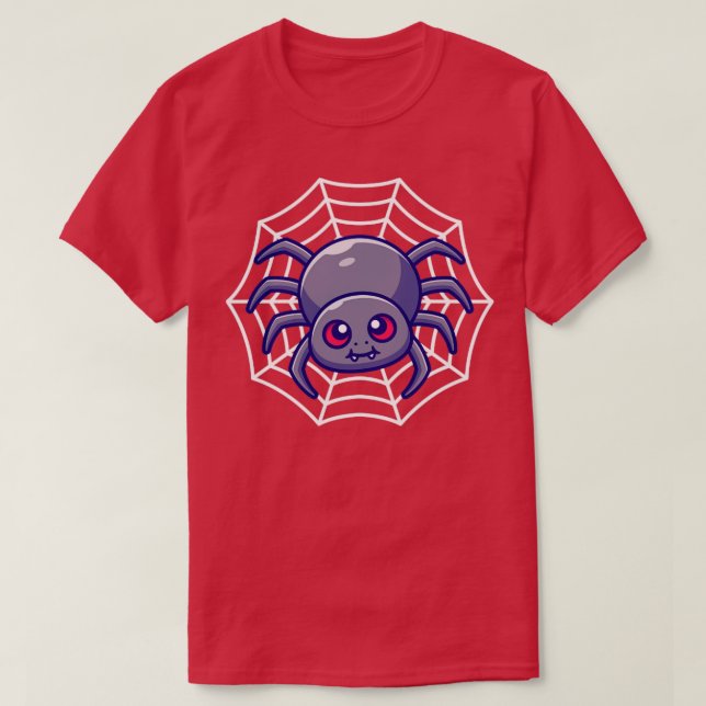 Cute Spider With Net Cartoon T-Shirt (Design Front)
