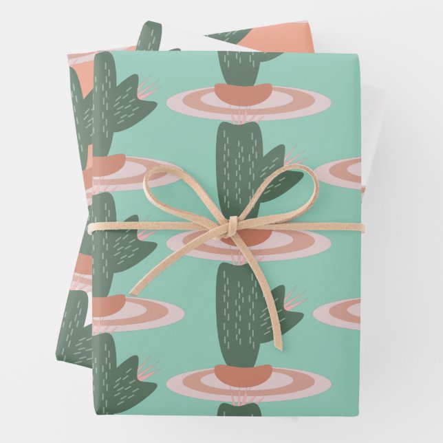 Cute Spikey Cactus | Potted Houseplants Pattern Wrapping Paper Sheet (In situ)