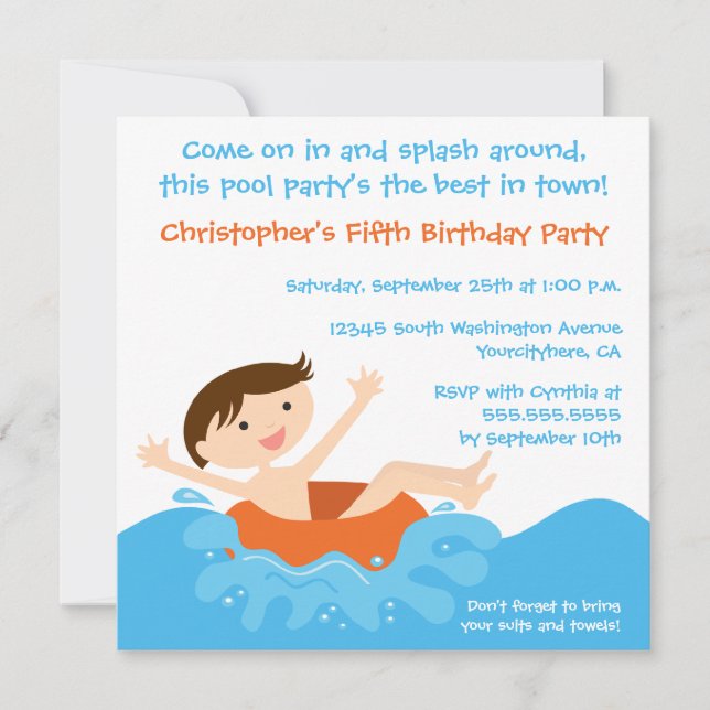 Cute splash boy's pool party birthday invitation (Front)