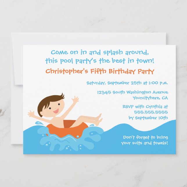 Cute splash boy's pool party birthday invitation (Front)