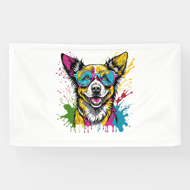 Cute Splashed Colourful Dog Wearing Sunglasses For Banner (Horizontal)