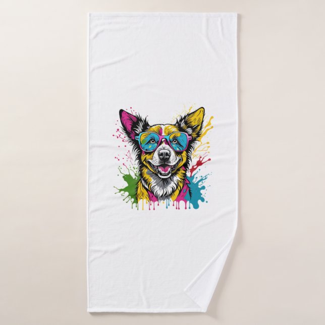 Cute Splashed Colourful Dog Wearing Sunglasses For Bath Towel (Bath Towel)