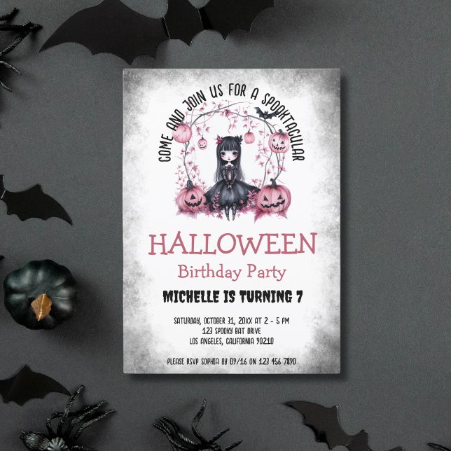 Cute Spooktacular Halloween Gothic Girl Birthday Invitation (pink and black gothic doll girl)