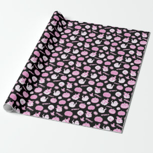 Cute Spooky Black and Pink Halloween Pattern Wrapping Paper
