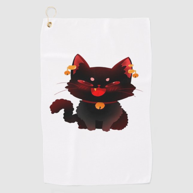 Cute Spooky Black Cat with Bells Classic T-Shirt Golf Towel (Front)