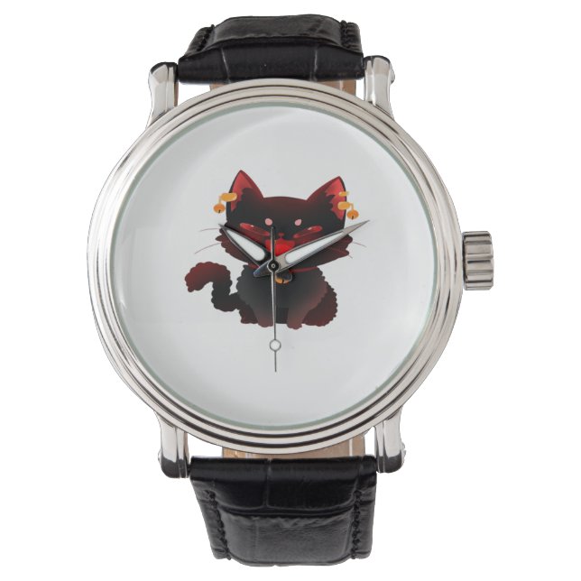 Cute Spooky Black Cat with Bells Classic T-Shirt Watch (Front)