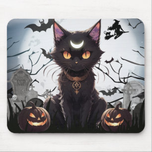 Cute Spooky Black Cat with moon. Mouse Mat