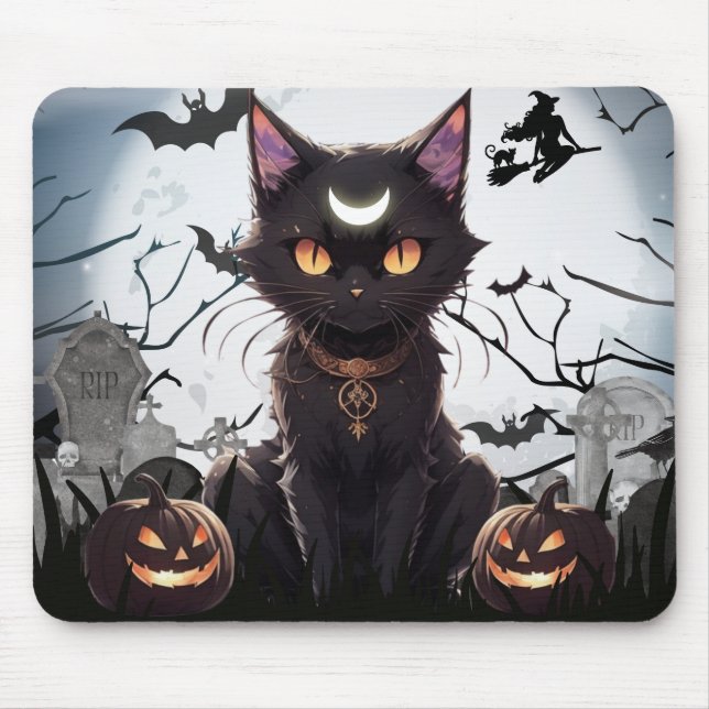 Cute Spooky Black Cat with moon. Mouse Mat (Front)