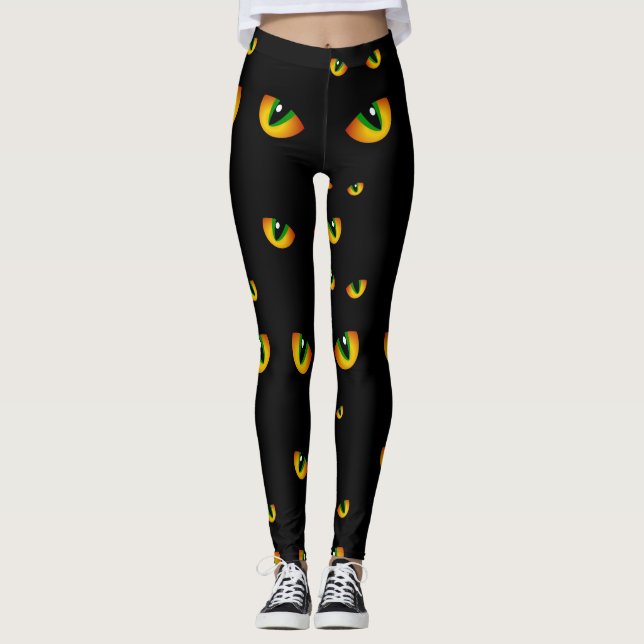 Cute Spooky Black Halloween Cat Eyes in the Night Leggings (Front)
