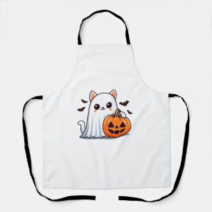 Cute Spooky Cat Ghost Pumpkin Halloween Fall Costu Apron