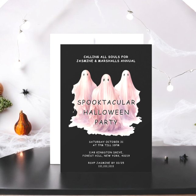 Cute spooky Costume Halloween Party Invitation (fun three pink ghost halloween costume party invitation)