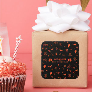 Cute Spooky Ghost Black Orange Halloween Square Sticker