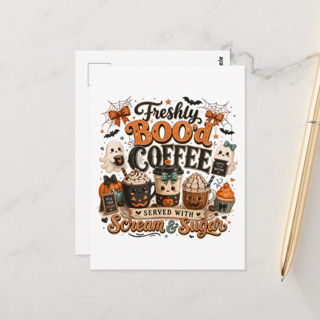 Cute Spooky Ghost Coffee Lover Halloween Postcard (Front/Back In Situ)