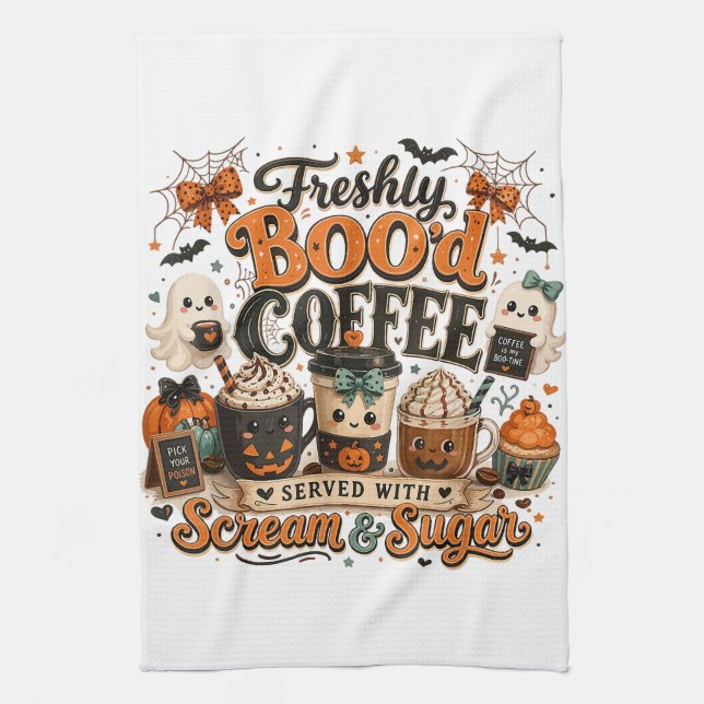 Cute Spooky Ghost Coffee Lover Halloween Tea Towel (Vertical)