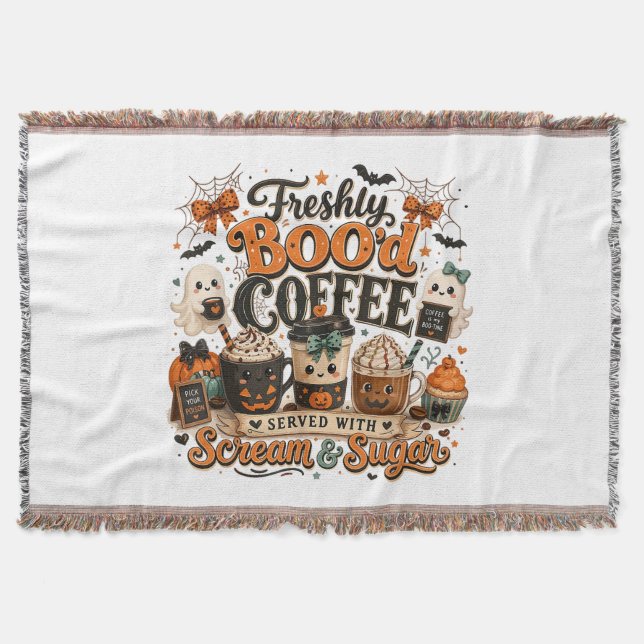 Cute Spooky Ghost Coffee Lover Halloween Throw Blanket (Front)