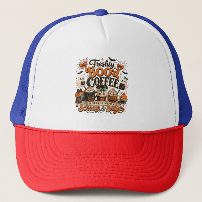 Cute Spooky Ghost Coffee Lover Halloween Trucker Hat (Front)