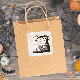 Cute Spooky Ghost Halloween Black Cats  Square Sticker