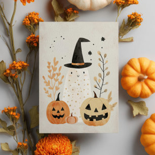 Cute& Spooky Ghost with Jack-o'-Lanterns Halloween Postcard