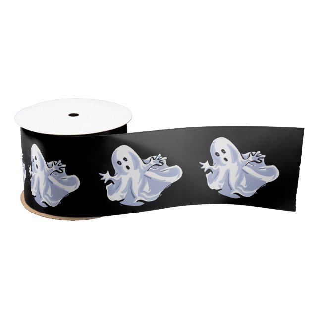 Cute Spooky Ghosts on Black Satin Ribbon (Spool)